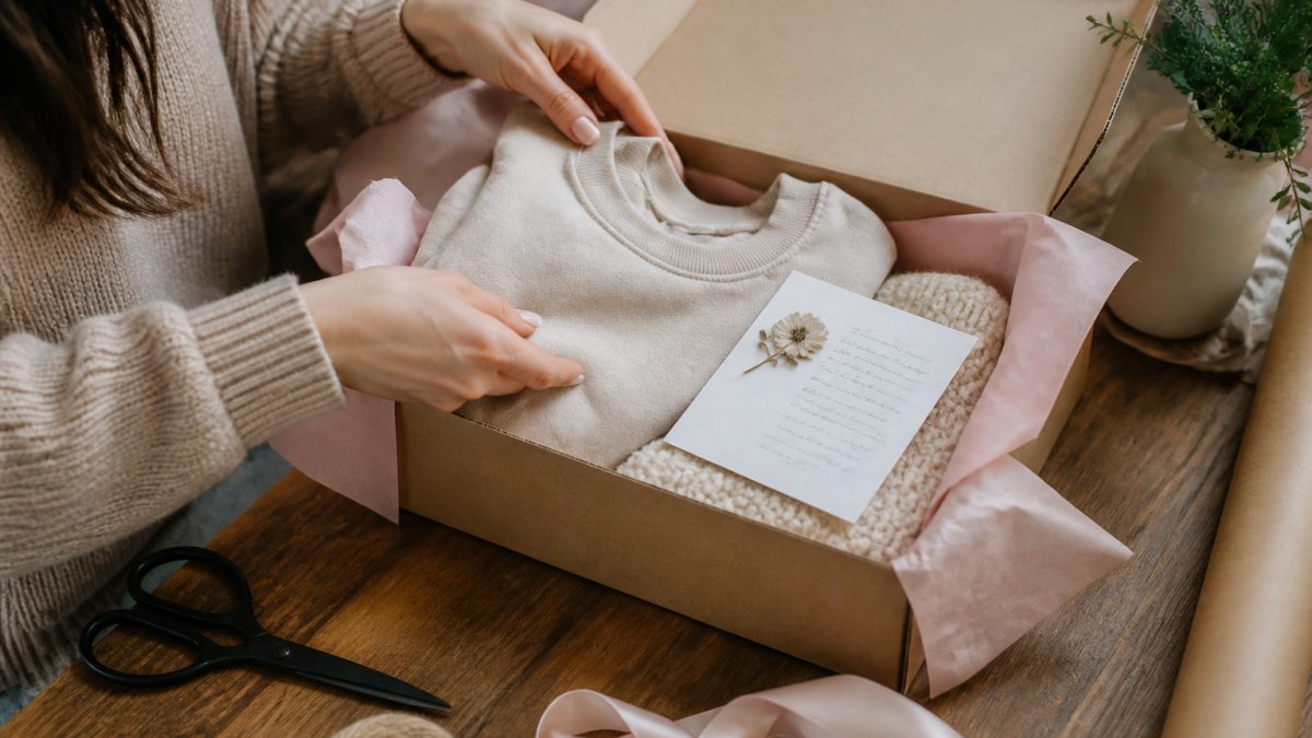 Hands arranging personalized apparel, tissue paper, and a handwritten note inside an open kraft gift box on a wooden table with scissors and ribbon nearby