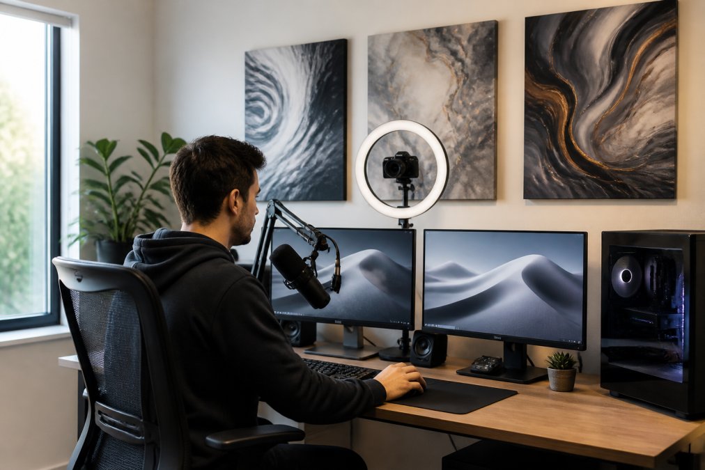 Modern creative workspace with AI-designed canvas prints on the walls, showing a content creator at a desk with dual monitors, ring light, and professional microphone setup, natural window lighting