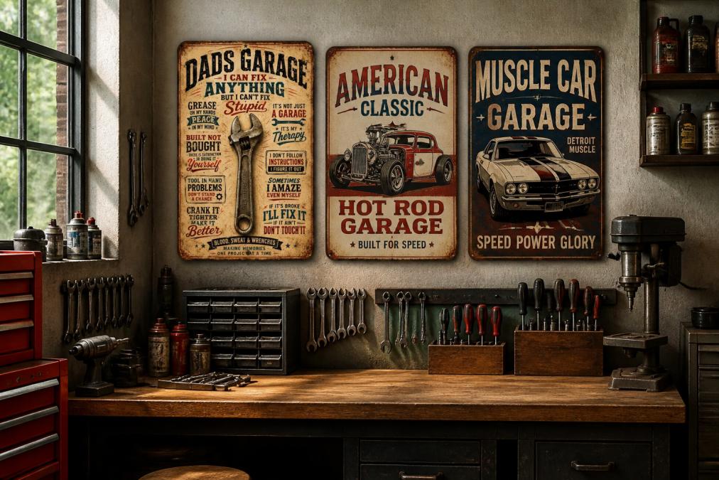 A well-lit garage workshop with vintage aluminum signs displaying classic hot rod and muscle car imagery mounted on the wall above a wooden workbench, with tools organized below
