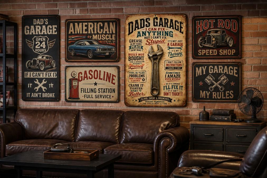 A finished man cave interior with multiple personalized aluminum signs featuring vintage hot rod artwork, muscle car designs, and distressed garage aesthetics mounted on exposed brick walls above leather furniture