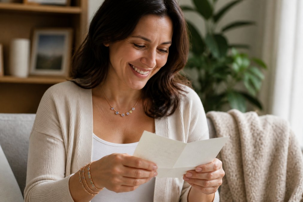 Woman wearing a delicate birthstone necklace with multiple colored stones and matching stacking bracelets, smiling while holding a handwritten note from her child in a bright home setting