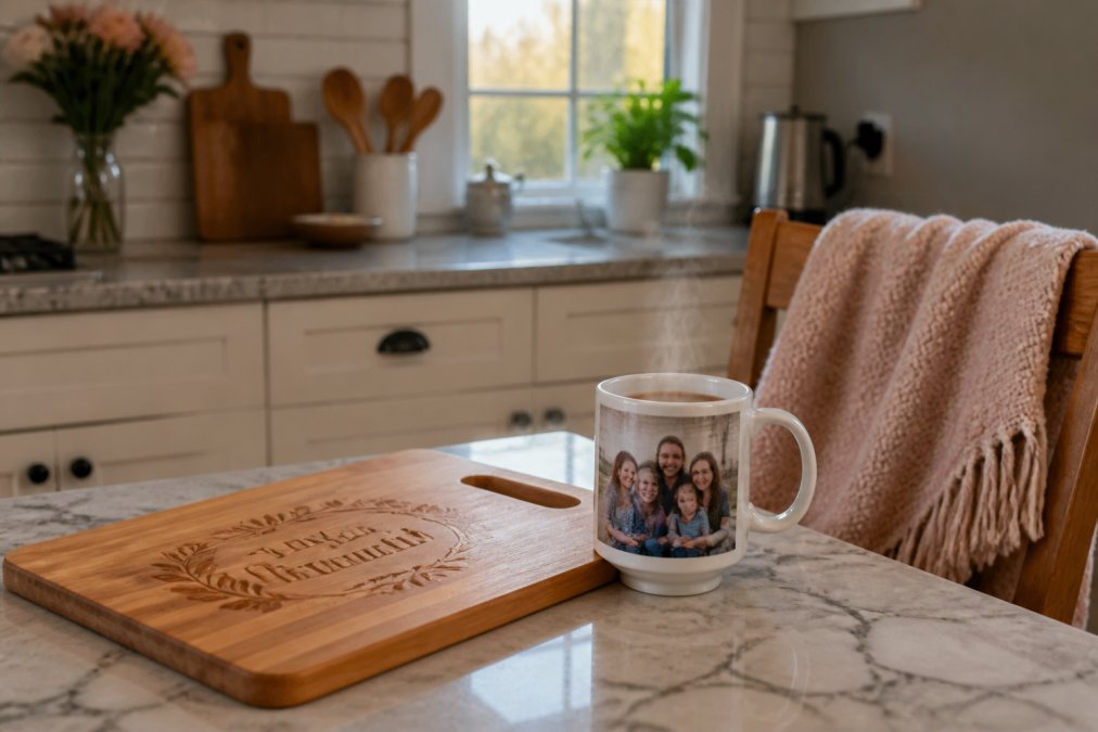 Warm kitchen scene with a personalized wooden cutting board displaying a family name engraved in elegant script, a custom blanket draped over a nearby chair, and a ceramic coffee mug with a family photo beside a steaming beverage on a marble countertop