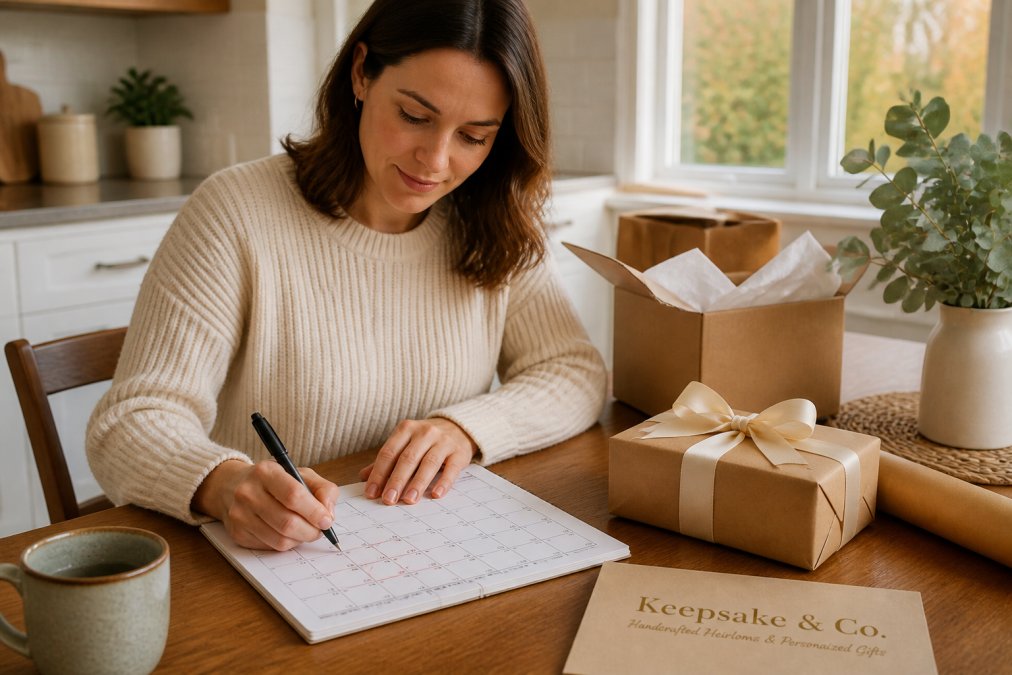 A person at a kitchen table with a laptop and calendar open, marking order deadlines with a pen while a wrapped gift and shipping box sit nearby