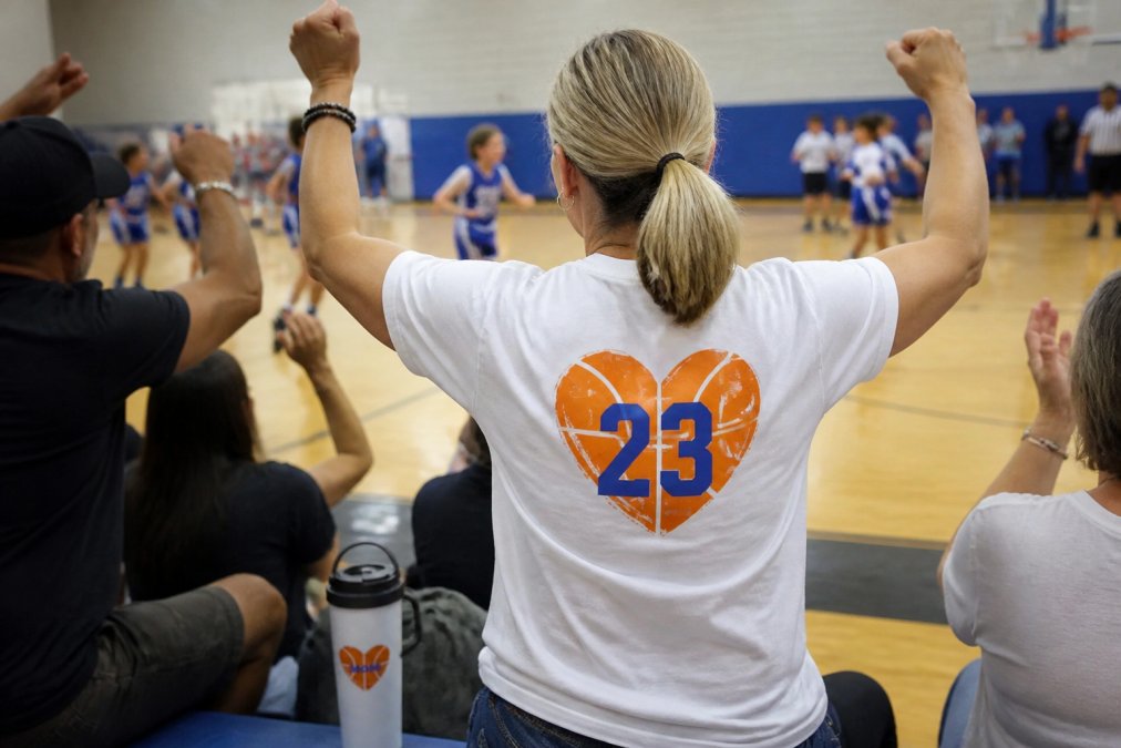A basketball mom wearing a personalized custom tee with her player's jersey number on the back, standing courtside with other parents cheering enthusiastically during a youth basketball game, natural gym lighting