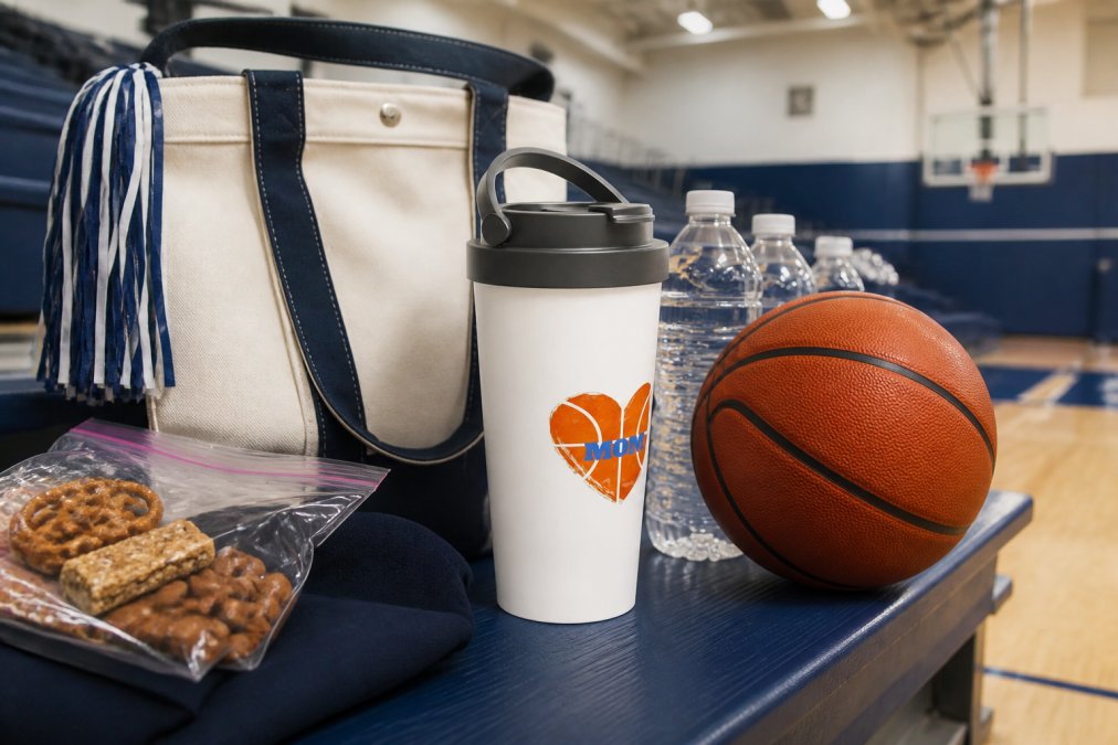 Close-up of a basketball mom's game day setup arranged on bleachers: a personalized travel mug with basketball design, a canvas tote bag with team colors, water bottles, and snacks, natural gym lighting from above