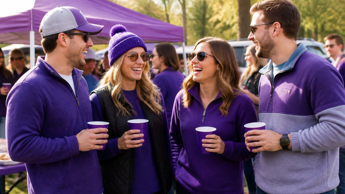 College sports fans wearing custom embroidered apparel and team colors at a tailgate party, smiling and holding drinks while displaying team spirit and camaraderie
