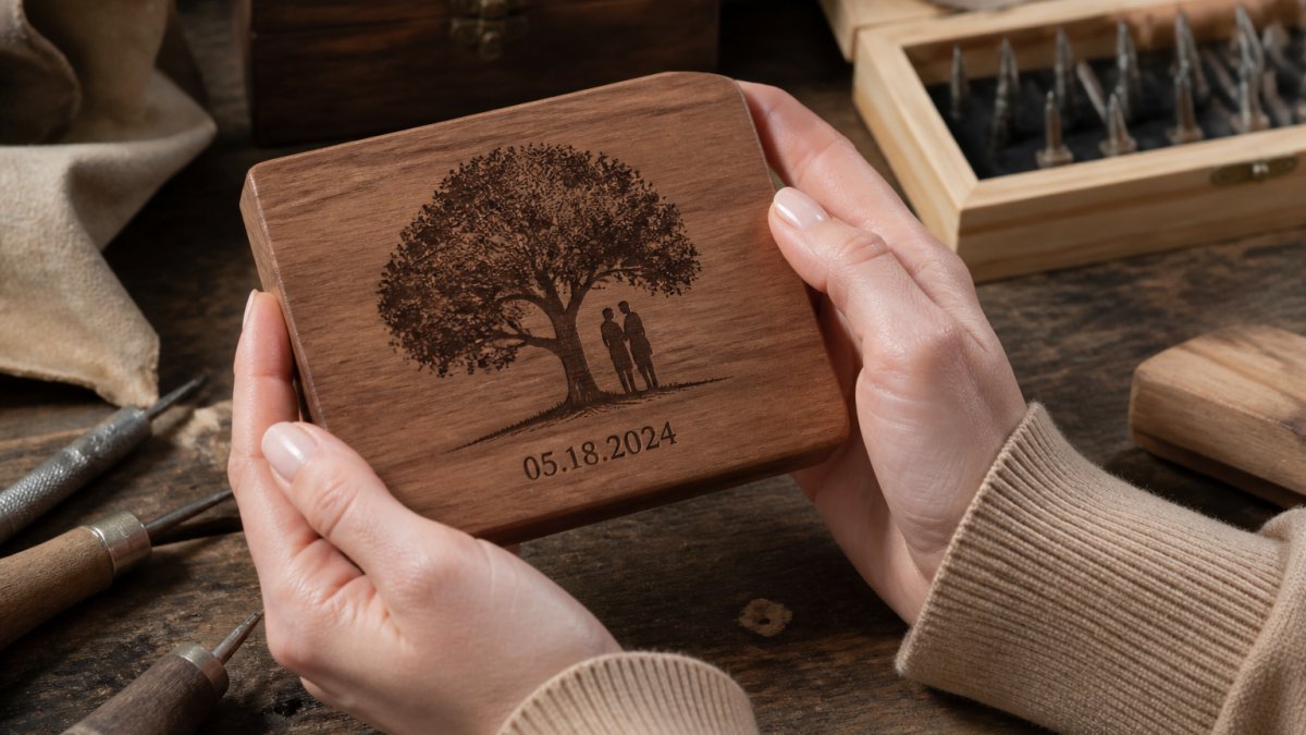 Close-up of hands holding a laser-engraved wooden keepsake with a wedding date, soft natural light on a workbench with engraving tools nearby