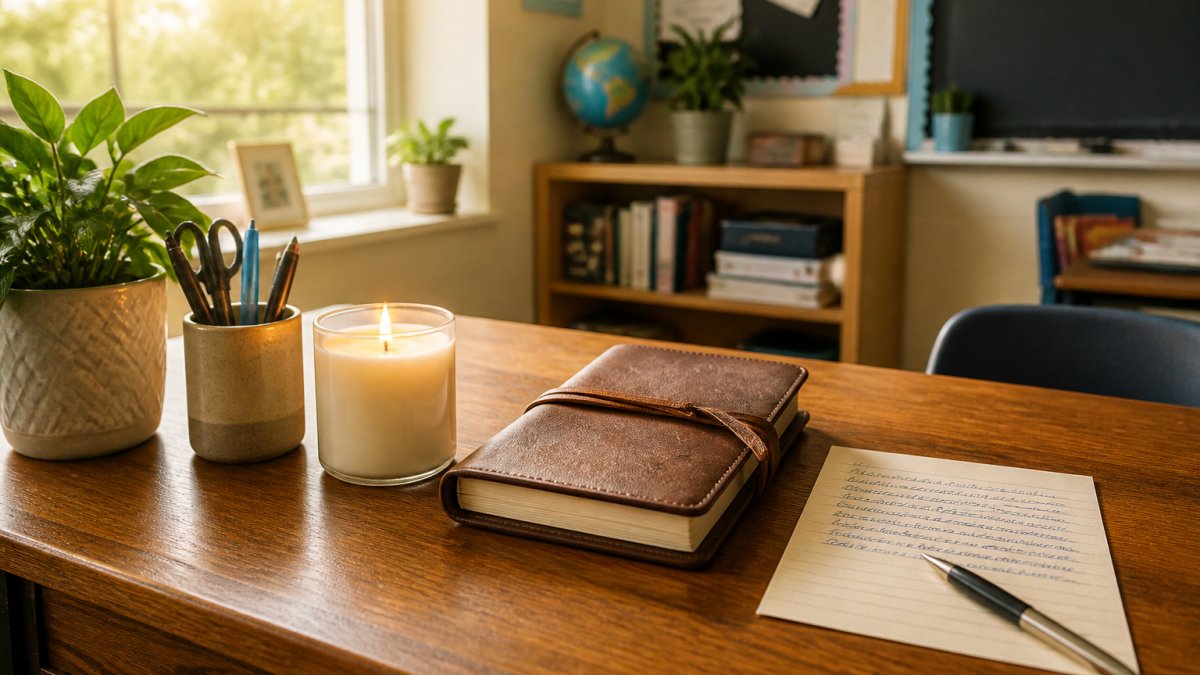 Personalized candle, engraved journal, and thank-you note on a sunny teacher's desk