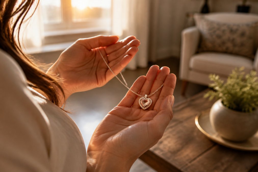 Close-up of a woman's hands gently holding an elegant heart-shaped necklace, soft warm window light catching the crystals, blurred living room background