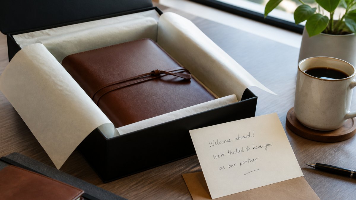 Opened gift box with a personalized leather journal, handwritten note, and coffee cup on a professional desk