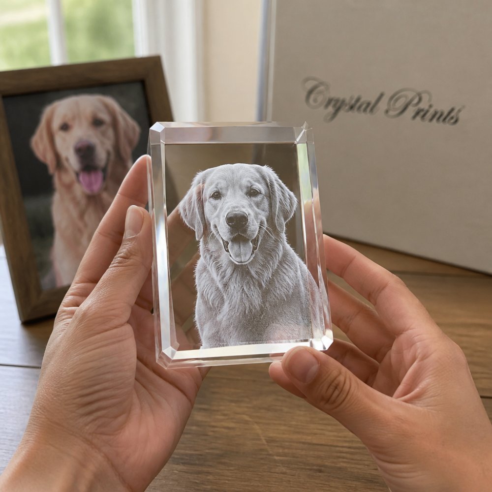 Close-up of hands holding a crystal keepsake displaying a laser-engraved pet portrait with soft natural lighting highlighting the depth and dimensional quality of the engraving