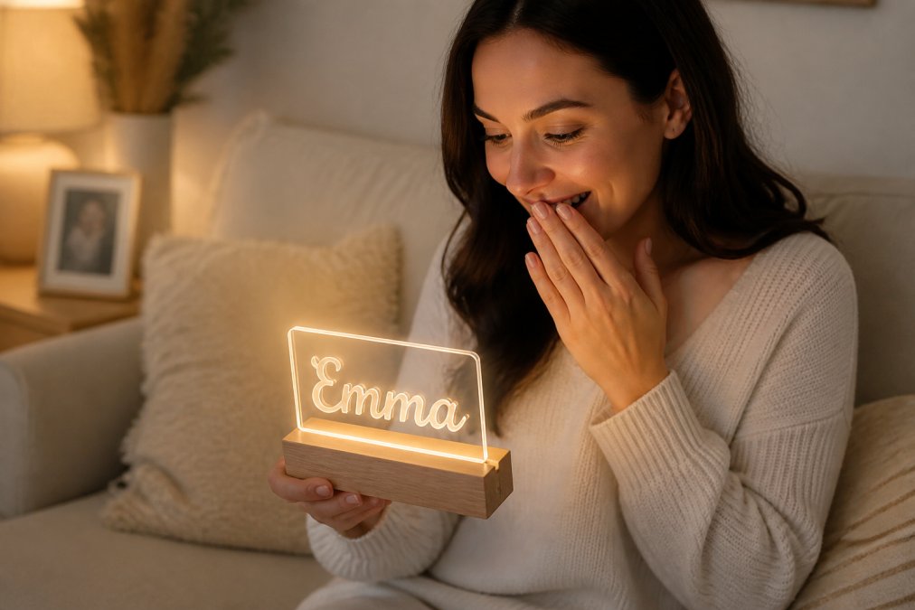 Woman admiring a glowing acrylic plaque with personalized message displayed on wooden base in home setting with soft LED lighting creating ambient glow
