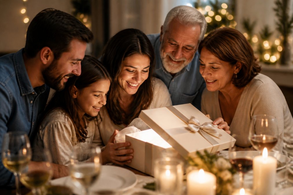 A family gathered around a dining table with warm golden lighting, opening a beautifully wrapped gift box together, genuine smiles and celebration on their faces, close-up showing the personalized details of the gift
