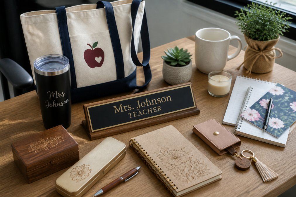 Flat lay arrangement of various personalized teacher gifts including a custom tumbler, engraved nameplate, personalized tote bag, and stationery on a wooden desk with natural lighting