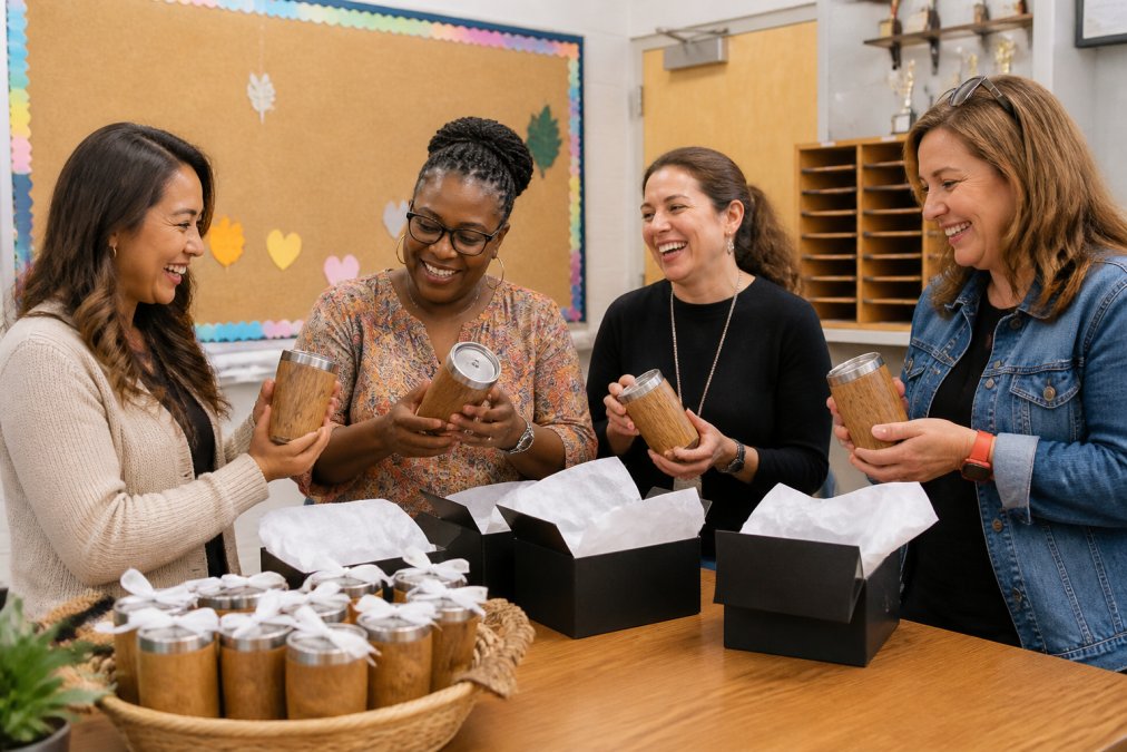 A group of educators in a school setting receiving and examining personalized gifts, showing appreciation and gratitude with smiles and engaged body language