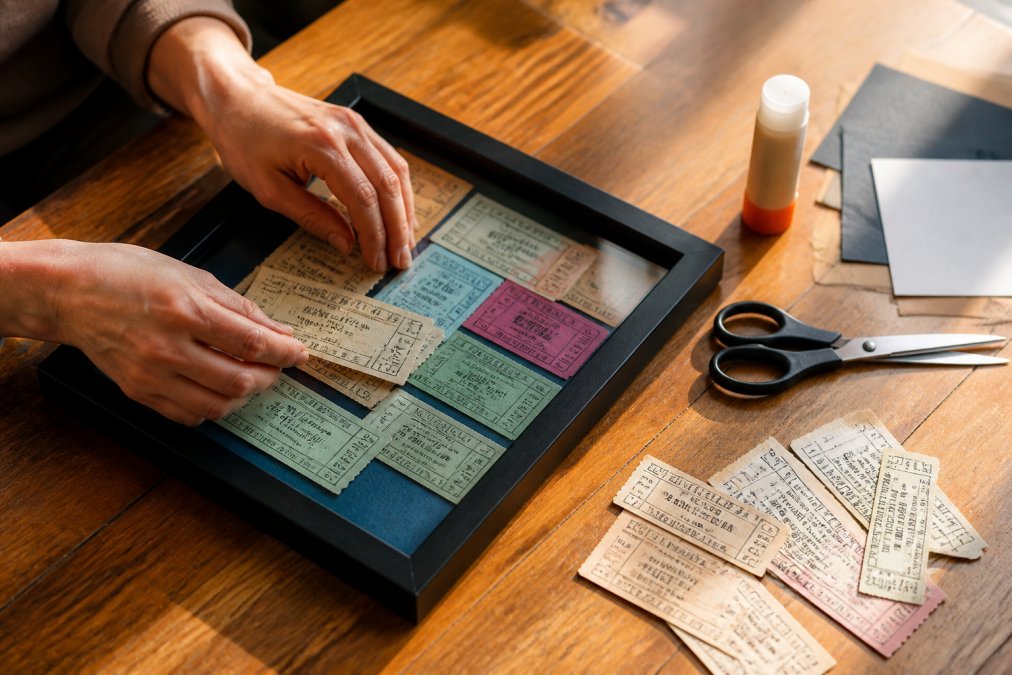 Step-by-step guide for arranging concert stubs inside a decorative shadow box frame on a wooden table
