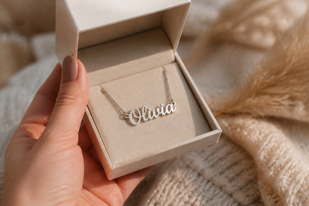 Close-up of a woman's hand holding a polished stainless steel name necklace nestled in an open soft-touch gift box, warm natural light casting soft shadows, shallow depth of field with the engraved name in sharp focus