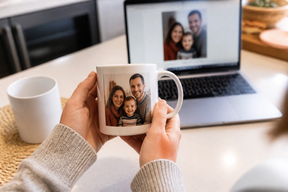 Close-up of hands holding a white ceramic mug with a printed family photograph, warm kitchen light, a second plain mug and a laptop showing an uploaded image blurred in the background