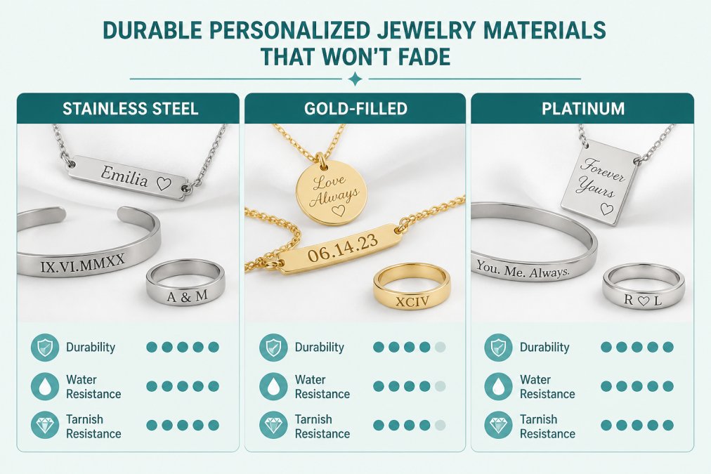 Close-up of an array of personalized jewelry pieces in different metals displayed on a soft white surface, showing distinct finishes of stainless steel, gold-filled, and platinum side by side with engraved details visible