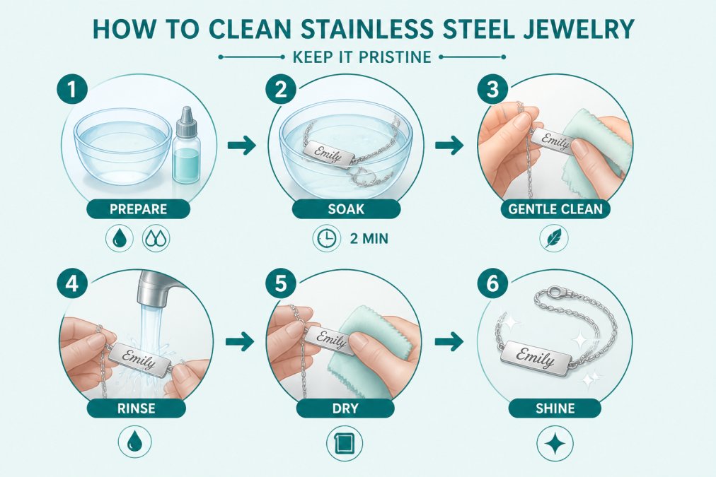 Hands gently cleaning a personalized stainless steel necklace with a soft microfiber cloth and mild cleaning solution in natural daylight, showing the care process with the engraved nameplate clearly visible