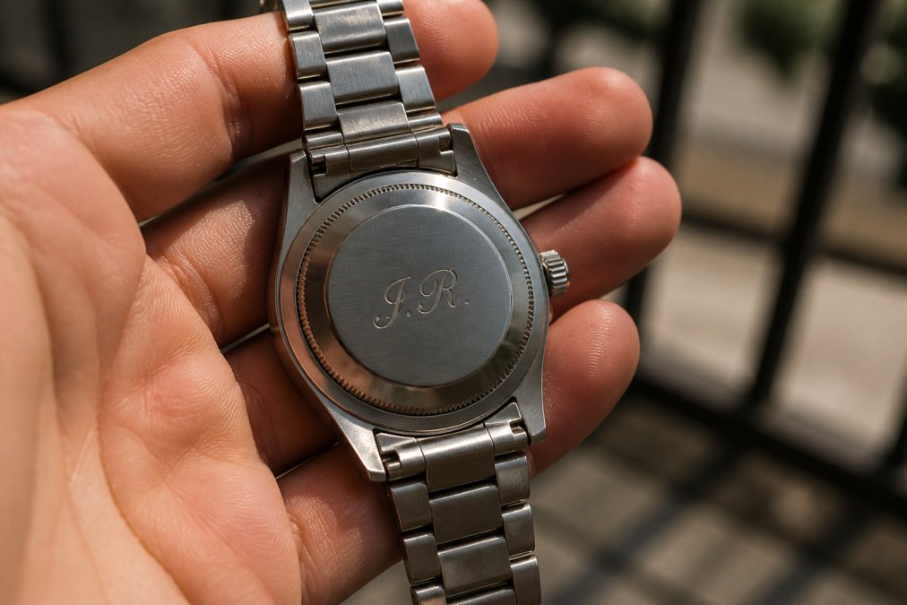 Close-up of a polished stainless steel watch face with engraved initials visible on the case back, held in someone's hand with natural sunlight highlighting the metal finish