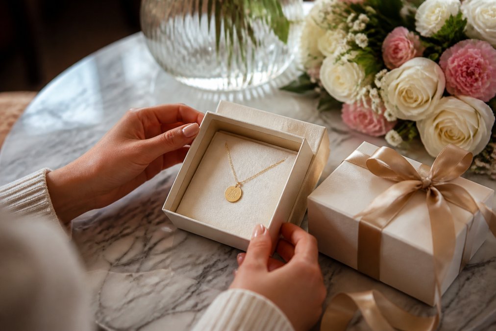A beautifully arranged gift box with a personalized necklace inside, placed on a marble table with soft lighting and fresh flowers nearby, showing the unboxing experience