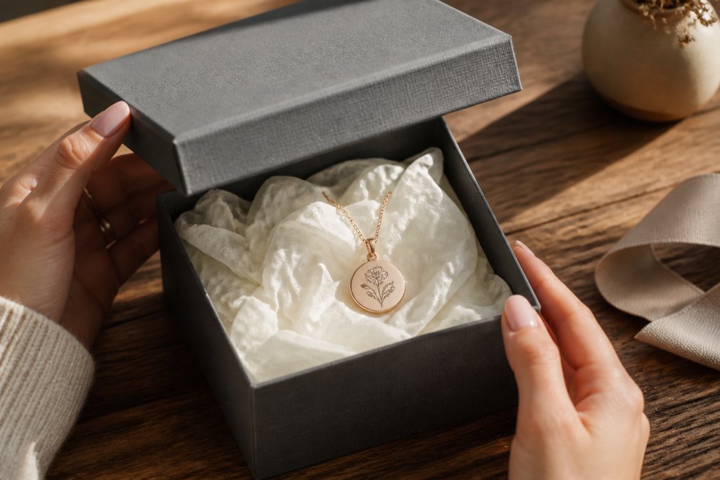 Hands lifting the lid off a textured keepsake box filled with tissue paper and a personalized engraved pendant resting inside, warm natural light, wooden table surface