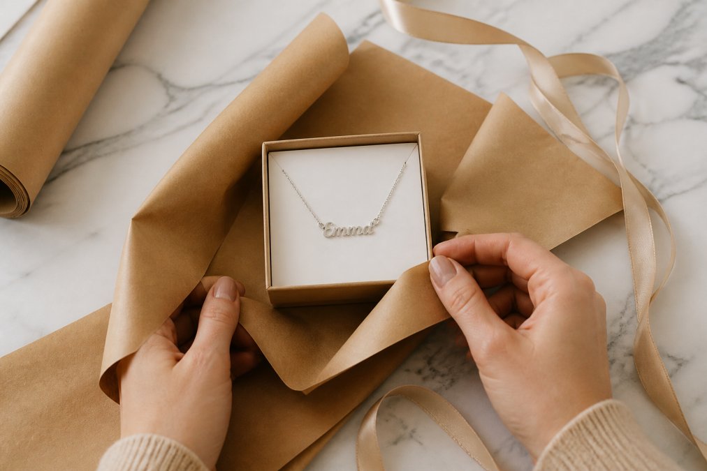 Hands carefully wrapping a personalized jewelry box with premium kraft paper and natural silk ribbon on a white marble surface, showing elegant wrapping technique with soft natural window lighting