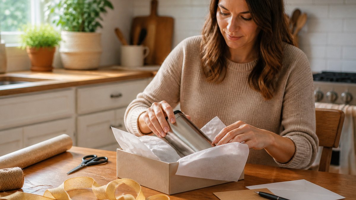 A woman at a kitchen table wrapping a stainless steel tumbler in tissue paper inside a gift box, with ribbon and a handwritten card nearby, warm natural light