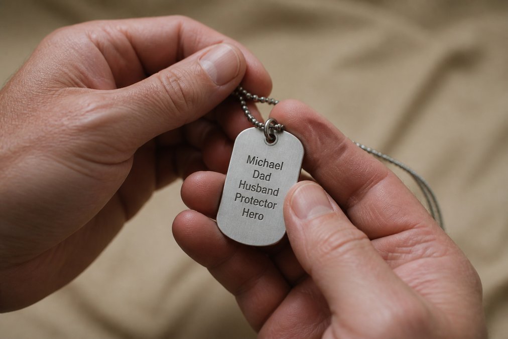Close-up of hands holding a personalized dog tag necklace with engraved text showing craftsmanship detail on surgical steel against a soft neutral background