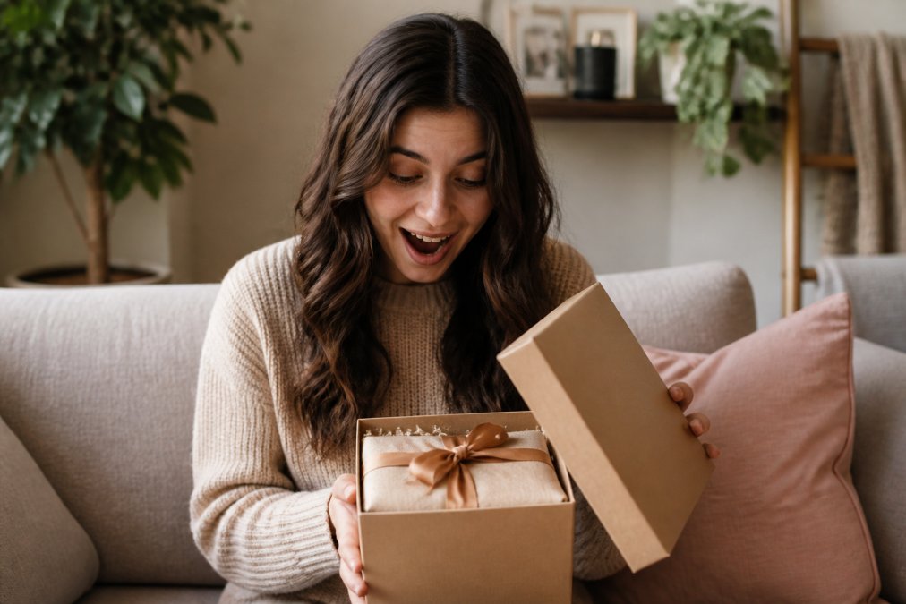 A thoughtful moment of someone opening a beautifully wrapped personalized gift with genuine emotion visible, showing the care taken in presentation and wrapping