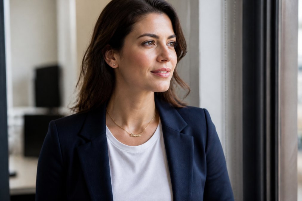 A woman wearing a delicate personalized name necklace with a simple white t-shirt under a navy blazer, pendant resting at the collarbone, soft natural window light