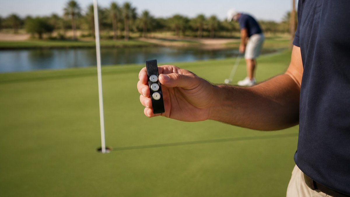 Golfer on the green holding a wristband with three magnetic ball markers visible, demonstrating quick access during play with natural course lighting
