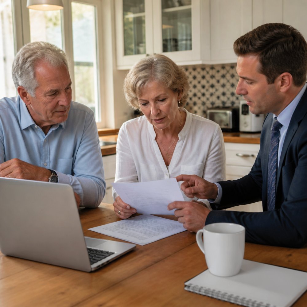 A senior couple sitting at a kitchen table reviewing insurance policy documents with a professional advisor, warm natural light, papers and a laptop on the table