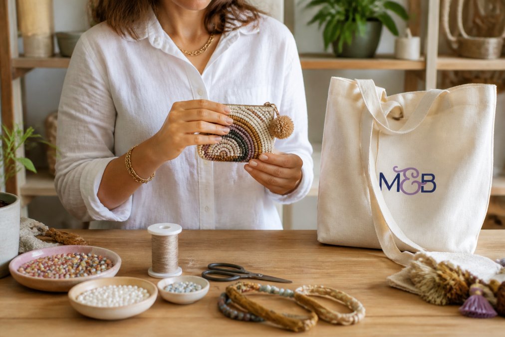 Woman in a linen shirt holding a beaded coin purse with a pom-pom zipper next to a canvas tote on a wooden table