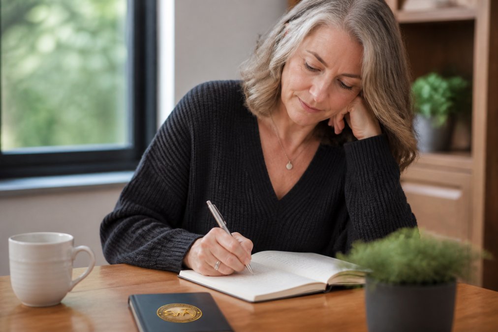 A woman sitting at a desk with a journal and coffee, looking thoughtful and calm, reflecting on her progress notes without judgment or perfectionism