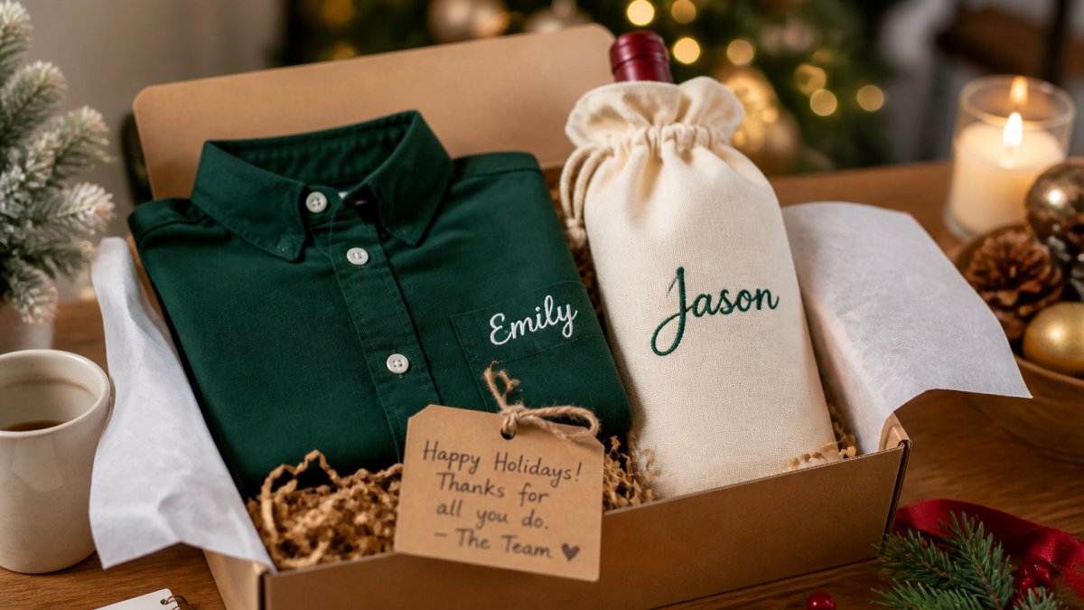 Close-up of a holiday gift box on a desk with a folded embroidered shirt, a small embroidered wine bag, and a handwritten gift tag, soft festive lighting in the background