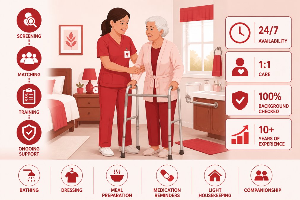 Professional caregiver assisting senior woman with mobility assistance during morning routine in bright, accessible home setting, showing gentle supportive interaction
