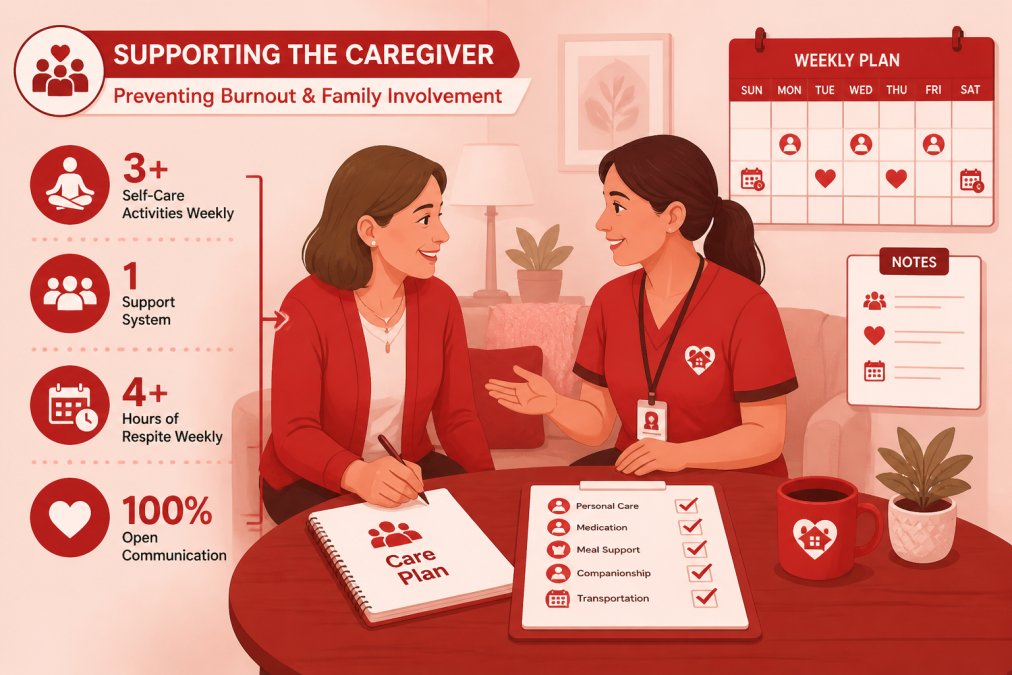 Adult daughter and professional caregiver discussing care plan together in senior's living room with notes and calendar visible, showing collaborative communication and trust