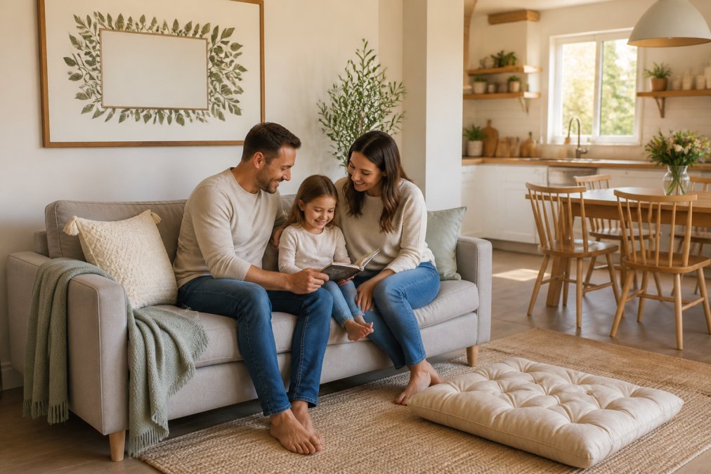 Modern living room with personalized home decor, including a family name poster and custom floor pillow.