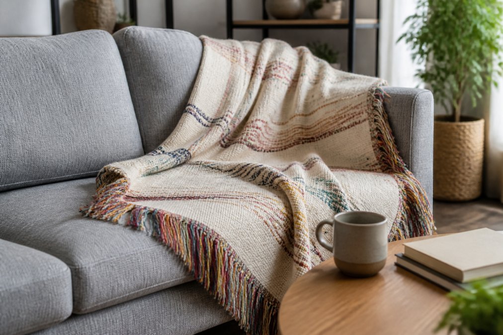 Infographic showing the weaving process for personalized home decor heirloom blankets with fringe details.