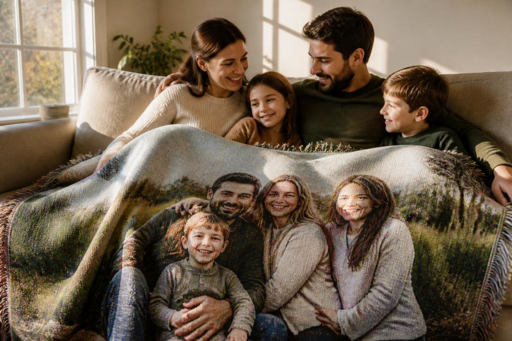 Family gathered on a couch wrapped in a custom woven blanket featuring a meaningful family photo, warm natural lighting streaming through a nearby window