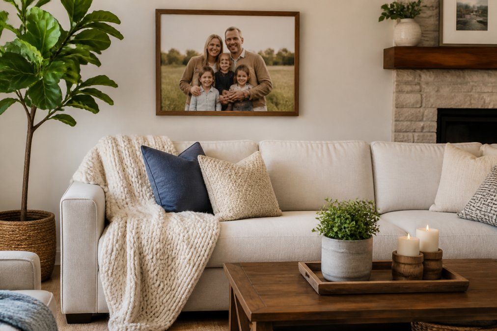 Modern living room interior displaying personalized home decor items including custom blankets and wall art arranged thoughtfully on furniture and walls, warm natural lighting