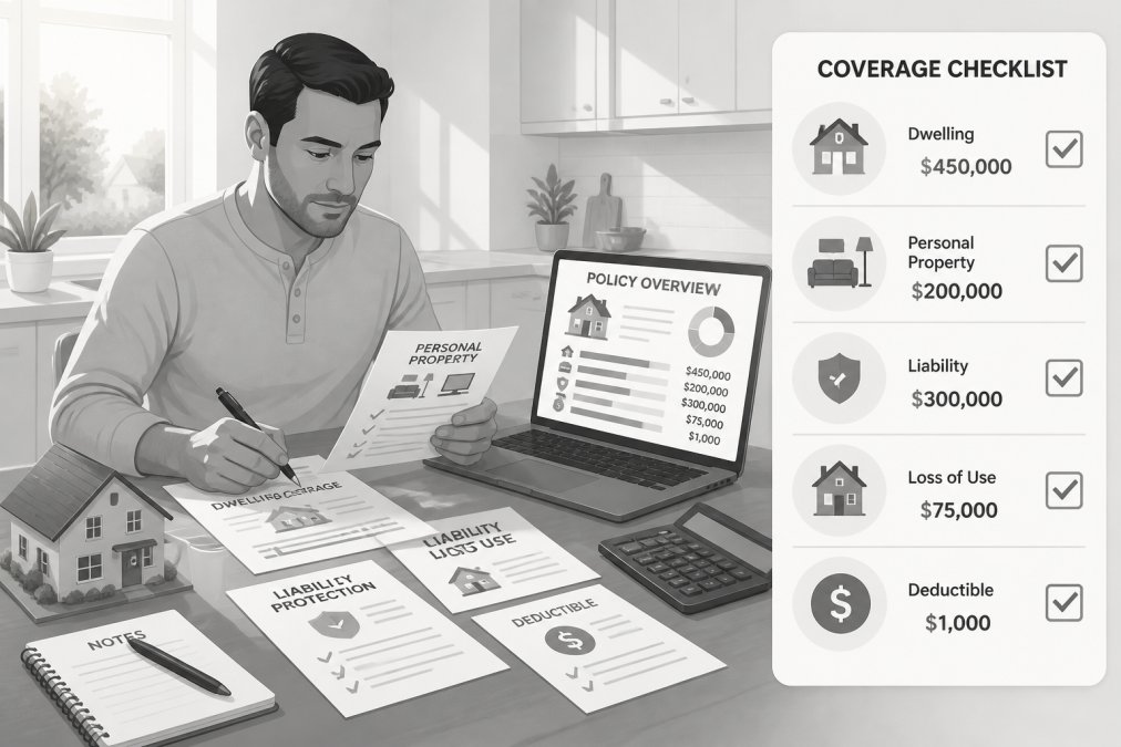 Homeowner sitting at a kitchen table with insurance documents spread out, laptop open to policy details, holding a pen while reviewing coverage information with focused attention, natural afternoon sunlight streaming through windows