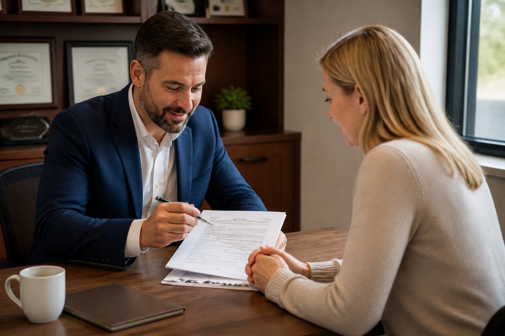 Insurance agent and homeowner sitting across from each other at an office desk, reviewing policy documents together, warm professional lighting with framed certifications on the wall behind them