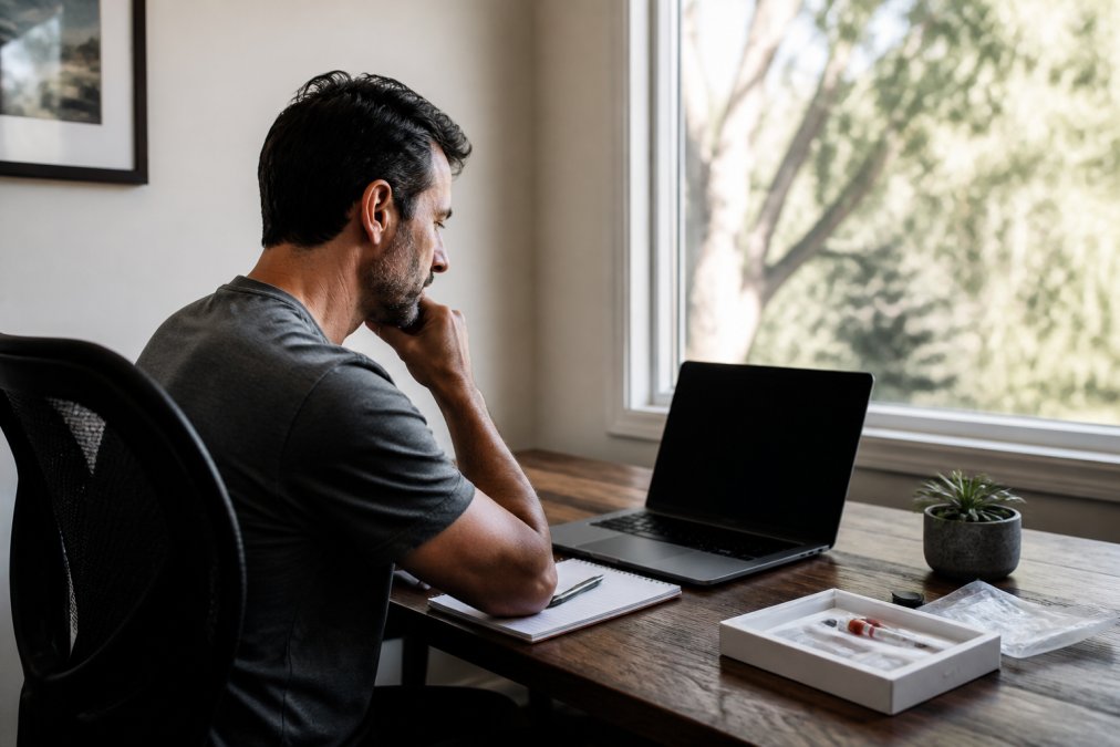 A man in his 40s sitting at a home desk reviewing lab results on a laptop screen, with a blood draw kit and notebook nearby, natural daylight from a window