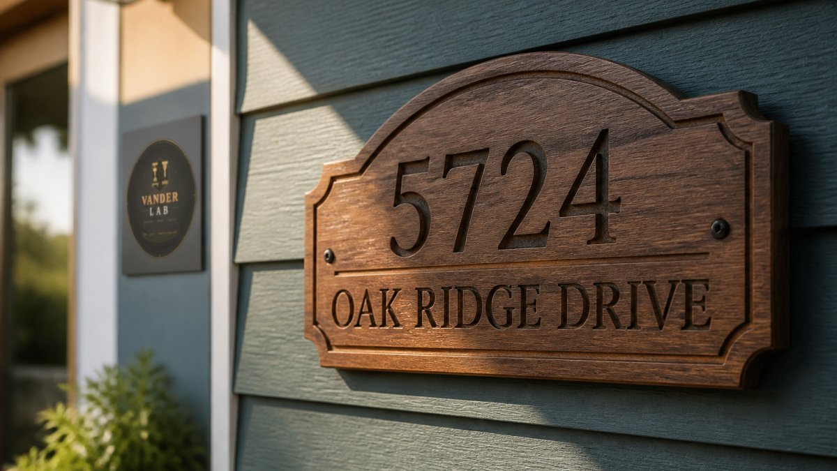 Close-up of precision-engraved wooden address sign mounted on home exterior, showing hand-finished details with tight lettering and natural wood grain highlighted by soft morning light
