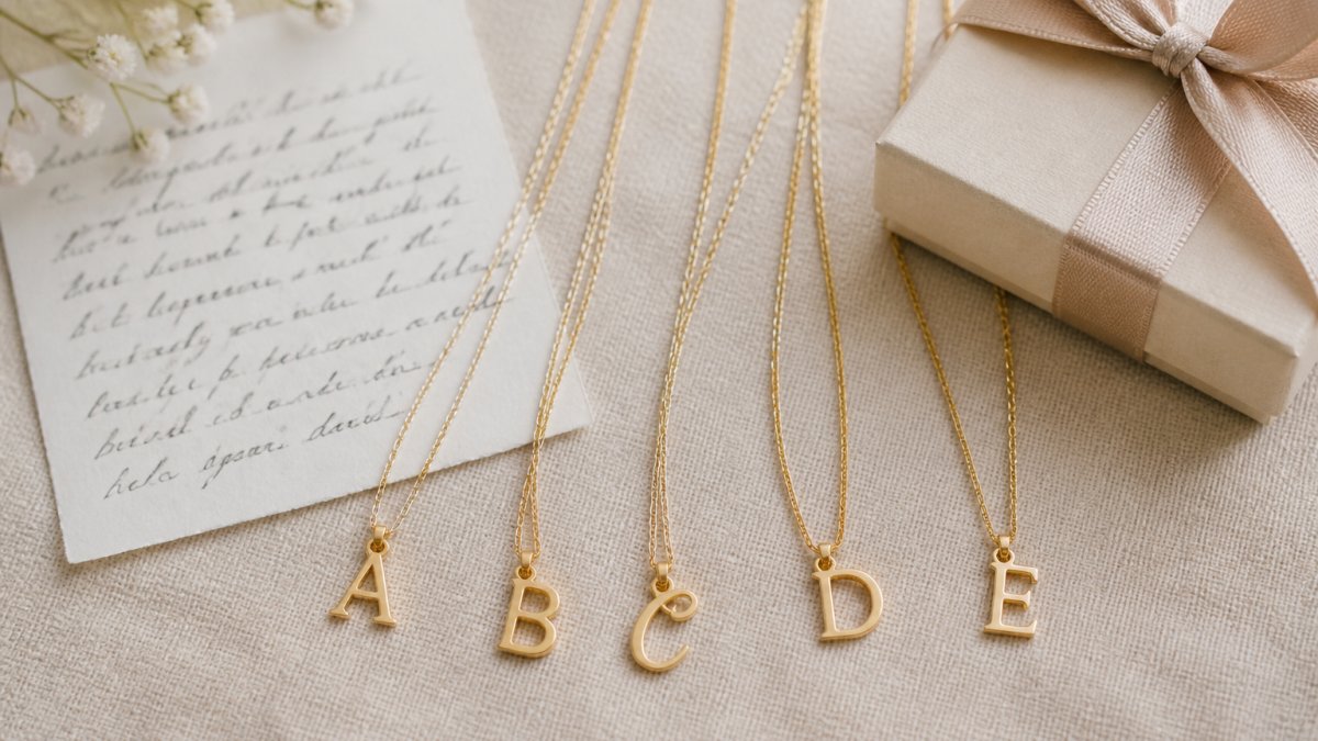A flat-lay of five different initial necklaces on cream linen beside a handwritten note card and a small gift box