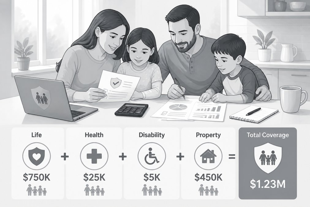 Family of four sitting at kitchen table with laptop, documents, and calculator, reviewing insurance paperwork together in afternoon sunlight streaming through windows