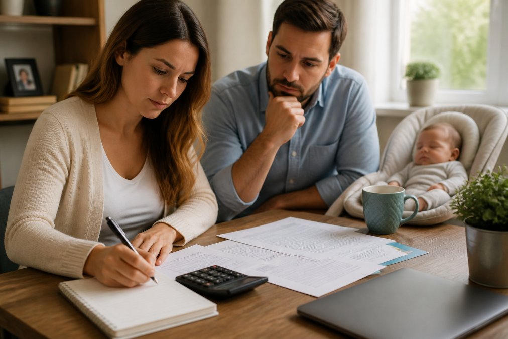 Young parents with newborn baby in home office space, sitting at desk with policy documents, calculator, and laptop, making notes on coverage updates needed, warm natural light from nearby window